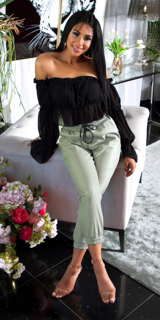 Trendy hoge taille lederlook broek  groen